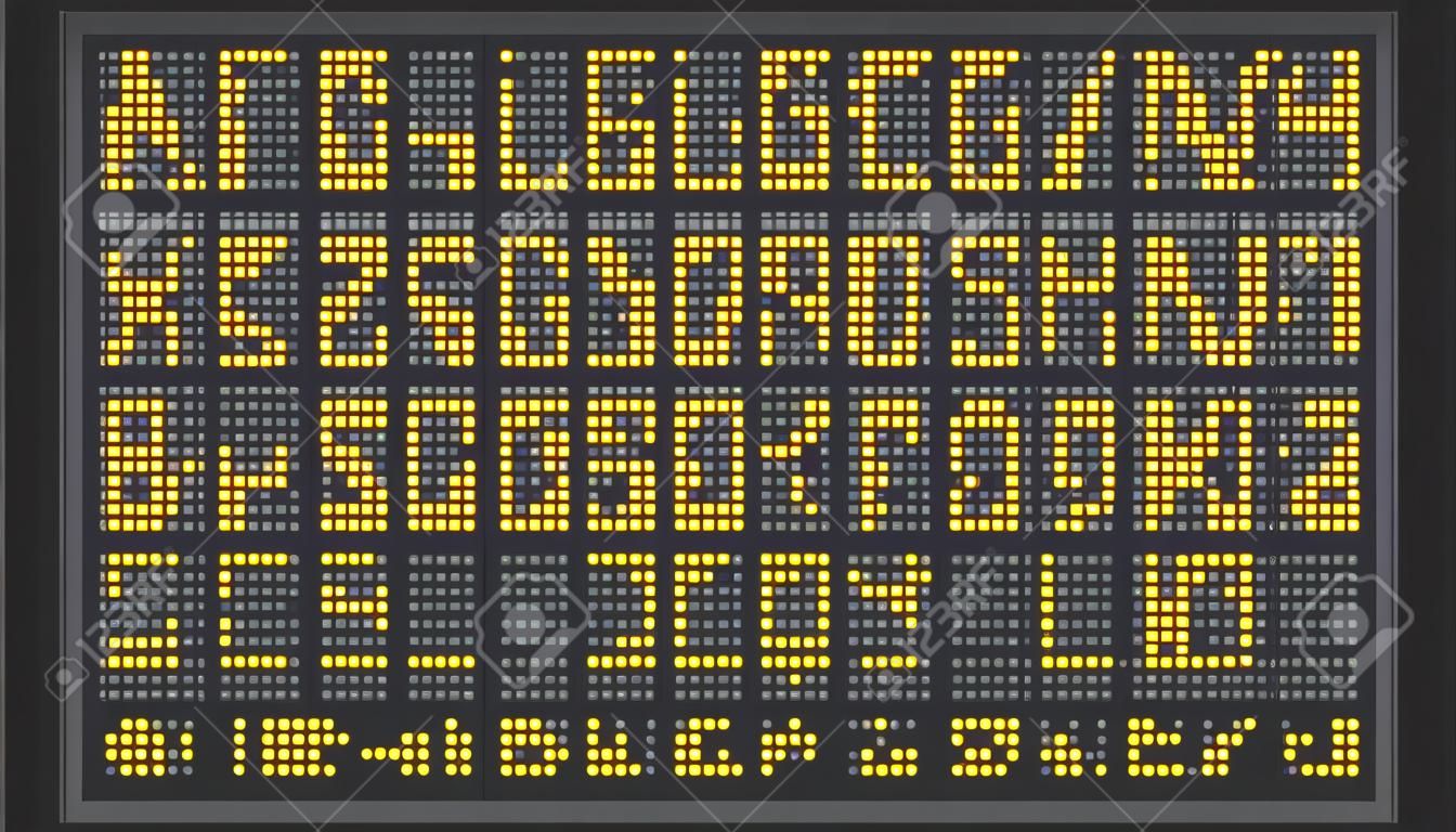 Led ディスプレイ フォント。デジタルスコアボードアルファベット、電子サイン番号、空港の電気スクリーン文字。列車abc看板画面、情報パネルボードまたはマトリックスベクトルシンボルセット