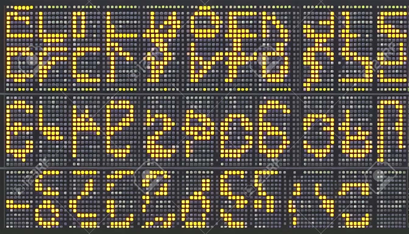 Led display font. Digital scoreboard alphabet, electronic sign numbers and airport electric screen letters. Train abc billboard screen, information panel board or matrix vector symbols set