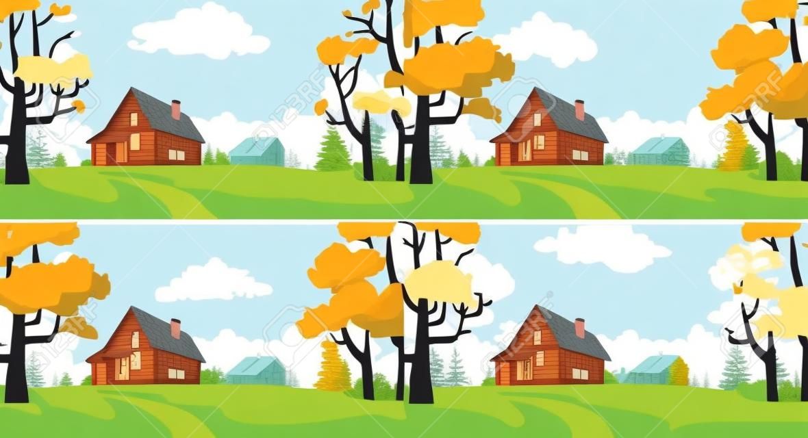 森の中の漫画の家。森林村四季風景。春、夏、秋、冬の木。森林の家の風景、農村の家や木の村のコテージベクトルイラスト