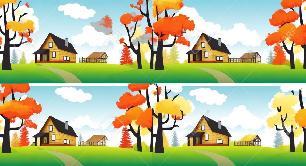 森の中の漫画の家。森林村四季風景。春、夏、秋、冬の木。森林の家の風景、農村の家や木の村のコテージベクトルイラスト