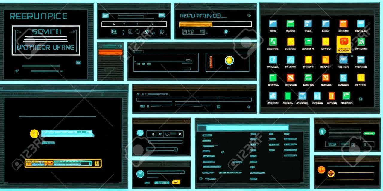 Retro user interface. Retro UI copying, downloading box. Warning message window. Old internet browser, terminal and music player vector set. vintage computer software control screen panels and dialogs