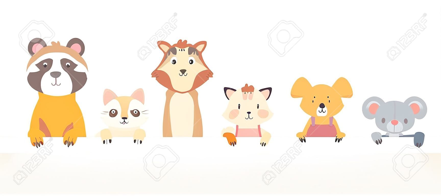 Cute animals look out. Funny animal peeps out, hand drawn pet, adorable cat and dog. Smiling bear, raccoon and fox vector illustration set. Muzzle lion and cat look out, pets adorable smiling