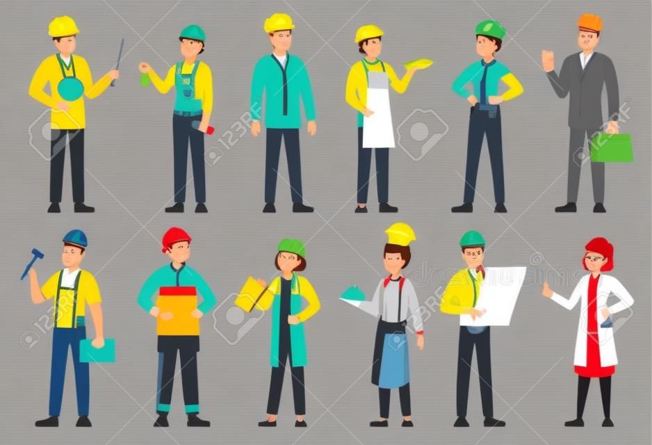 Professional workers. Different jobs professionals, labor people and workers cartoon vector illustration set. Job and work, worker or teacher, cleaner, artist and pilot