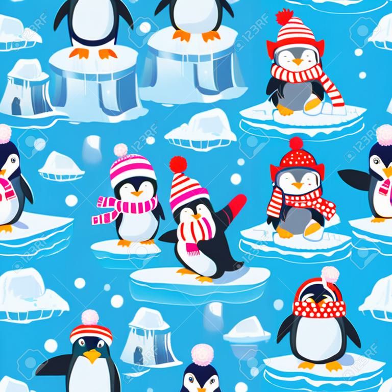 Modèle sans couture de pingouins. Joli bébé pingouin en vêtements et chapeaux d'hiver, animal arctique de noël, textile pour enfants ou texture vectorielle de papier peint. Personnages debout sur un morceau de glace dans de l'eau froide