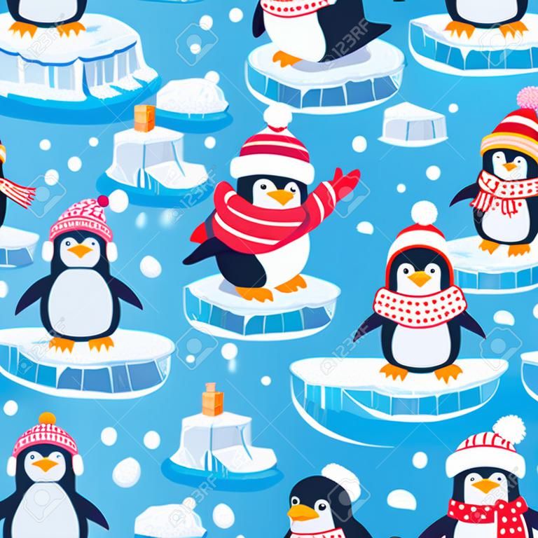 Modello senza cuciture di pinguini. Simpatici pinguini in abbigliamento invernale e cappelli, animali artici natalizi, tessuti per bambini o texture vettoriali per carta da parati. Personaggi in piedi su un pezzo di ghiaccio in acqua fredda