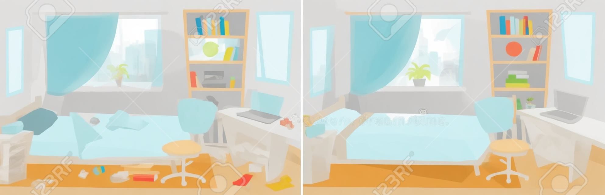 Room before and after cleaning. Comparison of messy bedroom and clean kid bedroom. Home interior after tiding service. Dirty window, bed, paper around room. Table and bookshelf vector illustration