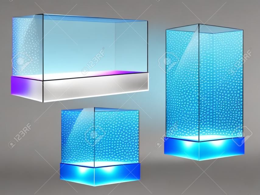 Glass cube. Transparent plastic showcase, empty retail or museum display in block shape in perspective. 3d prism stands, aquarium vector set. Illustration glass transparent and translucent empty box