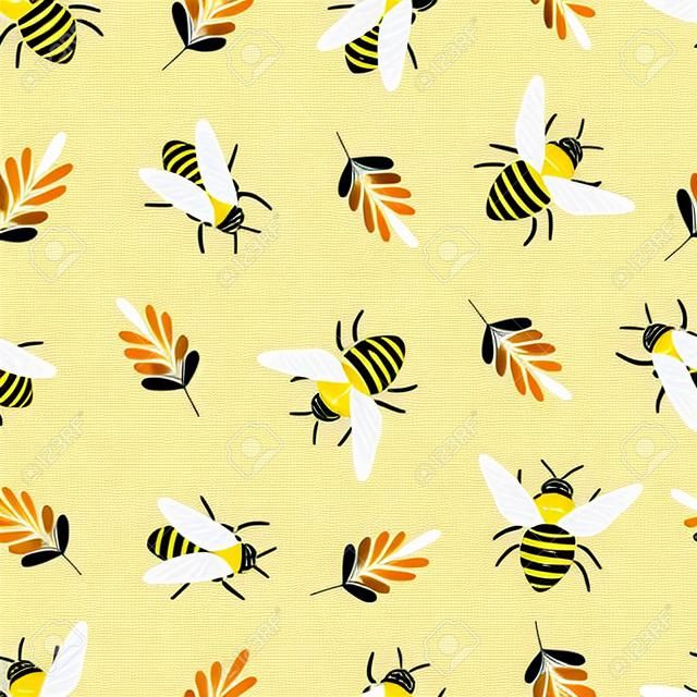 Bee pattern. Cute flying bees insects kids wallpaper or honey wrapping paper seamless vector doodle texture. Illustration bee insect flying pattern