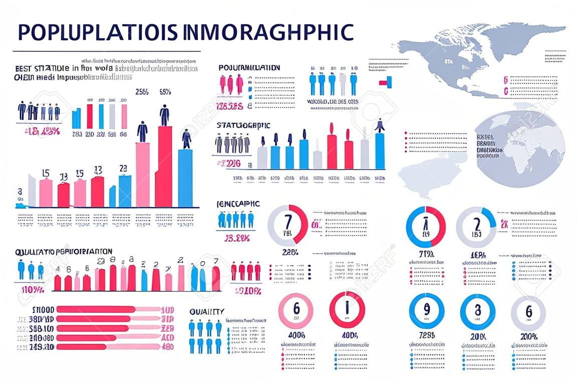 Population infographic. Women and men percentage world statistic. Charts, graphs and diagram element. Human demographic vector information