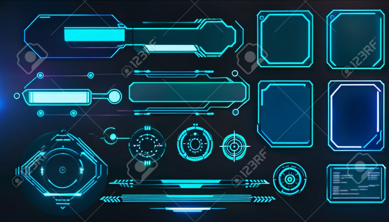 Futuristic frames. Cyberpunk HUD square screen, callout, title and radar. Digital info box and sci fi UI panel. Virtual interface vector set