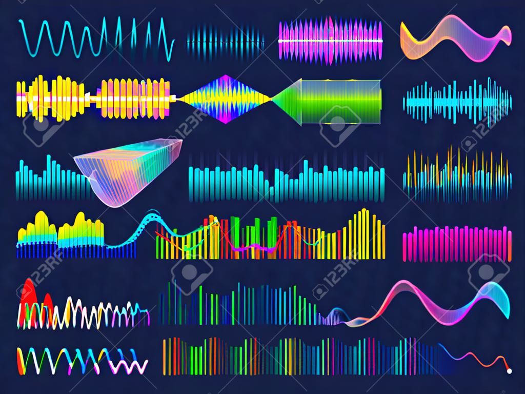 Audio frequency. Neon music sound waves for radio equalizer. Voice recognition for digital assistant. Volume graph line designs vector set