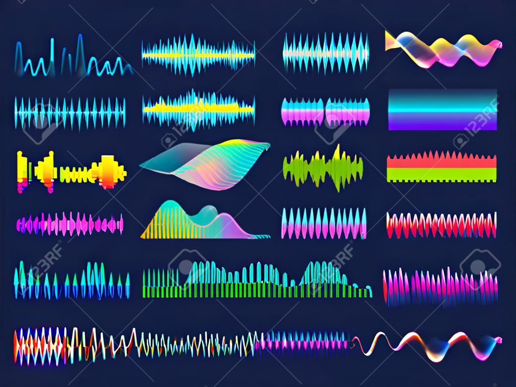 Audio frequency. Neon music sound waves for radio equalizer. Voice recognition for digital assistant. Volume graph line designs vector set