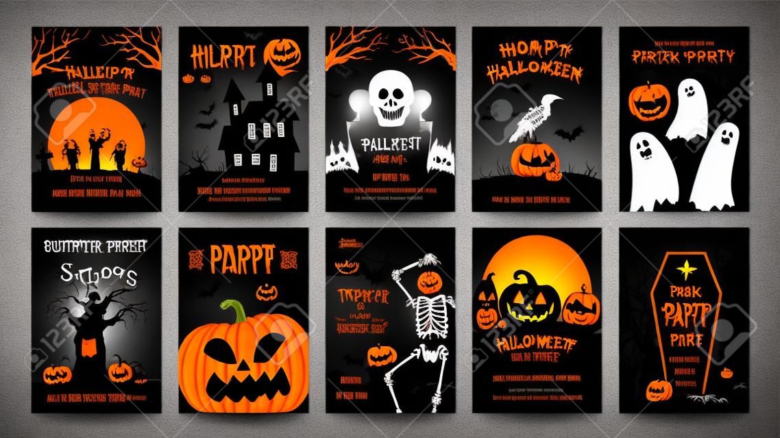 Posters for halloween party. Horror movie night flyer, ticket and trick or treat invitation with skeleton, zombie, scary pumpkin vector set