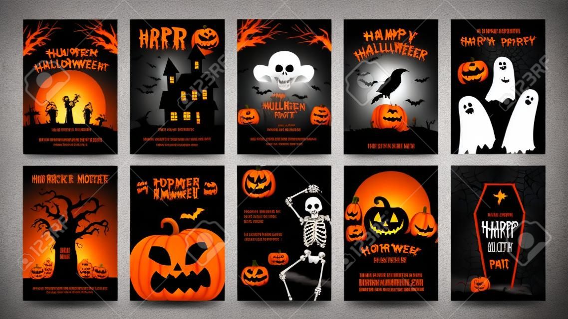 Posters for halloween party. Horror movie night flyer, ticket and trick or treat invitation with skeleton, zombie, scary pumpkin vector set