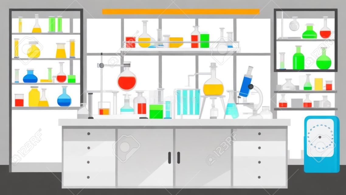 Flacher chemischer Laborrauminnenraum mit Wissenschaftlerausrüstung. Chemieklassenzimmer oder Wissenschaftslabor mit Experiment auf Tisch, Vektorszene. Illustration Laborinnenchemikalien