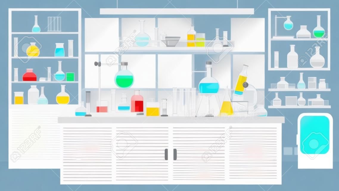 Flat chemical lab room interior with scientist equipment. Chemistry classroom or science laboratory with experiment on table, vector scene. Illustration laboratory interior chemical