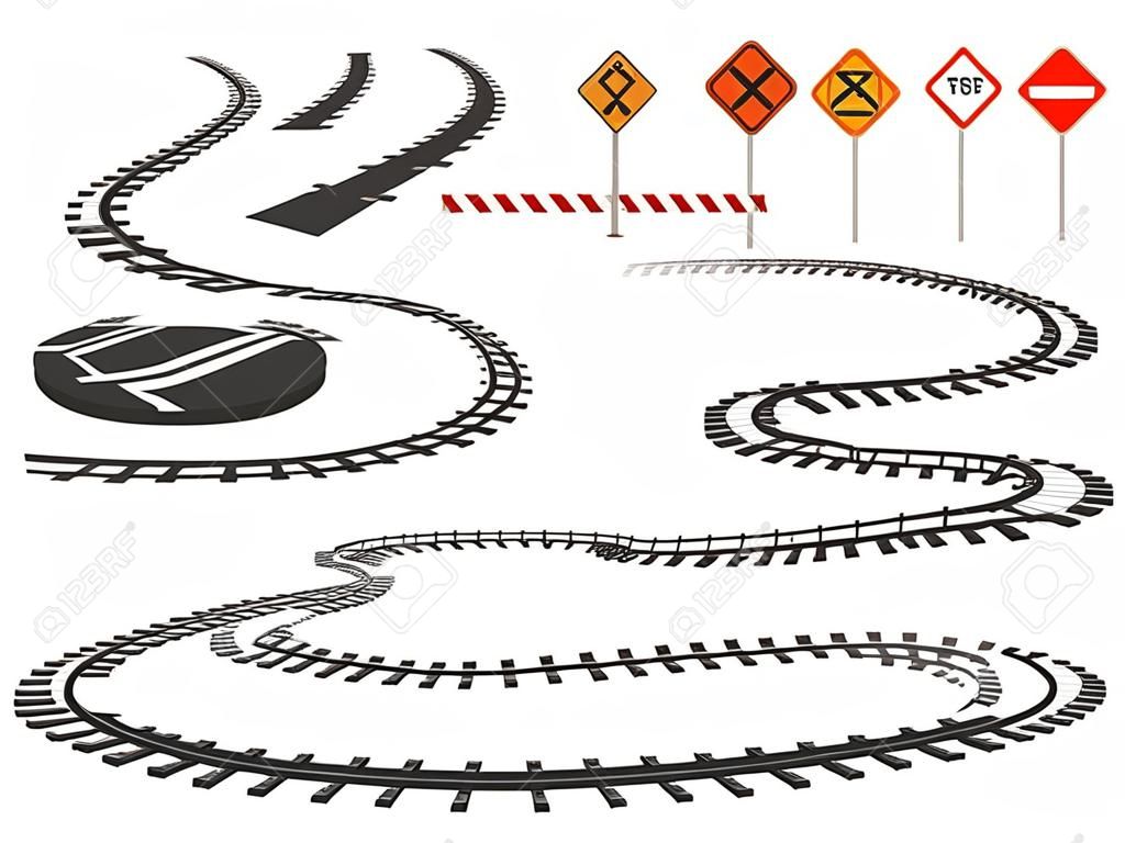 列車の線路は、湾曲したシルエット、バリア、道路標識です。鉄道の遠近法とトップマップビュー。トラム曲がりくねった道路要素ベクトルセット