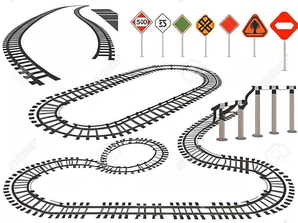 列車の線路は、湾曲したシルエット、バリア、道路標識です。鉄道の遠近法とトップマップビュー。トラム曲がりくねった道路要素ベクトルセット