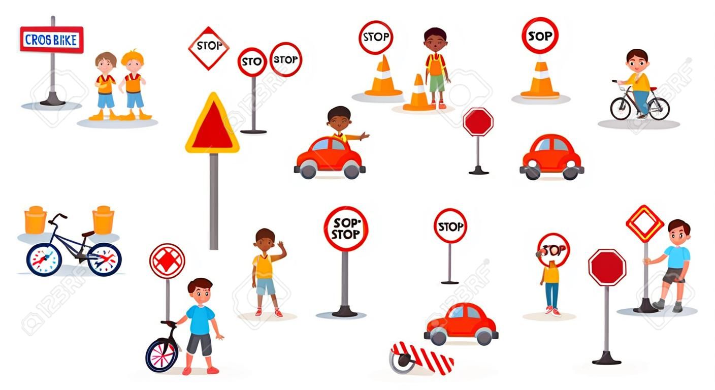 School kids street safety, signs and crosswalk rules. Traffic light go and stop signal. Kid bike and car. Cartoon road education vector set