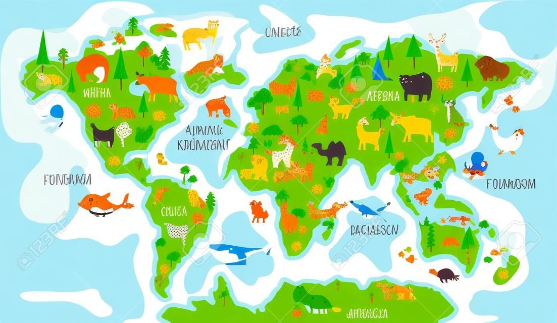 .Cartoon world map for kids nursery with forest animals. Children geography education with europe, asia, australia and america vector poster