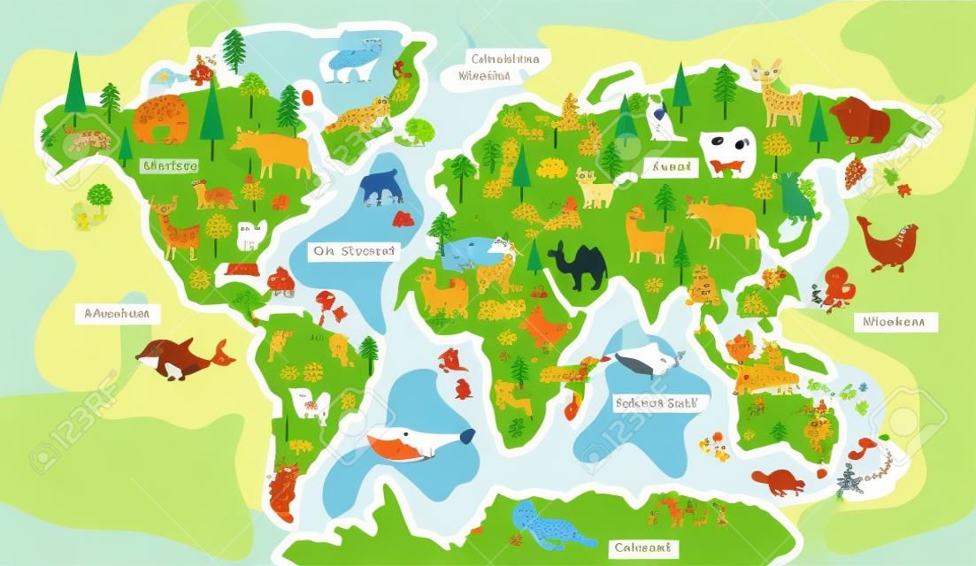 . Cartoon wereldkaart voor kinderdagverblijf met bosdieren. Kinderen geografie onderwijs met europe, asia, australia en america vector poster