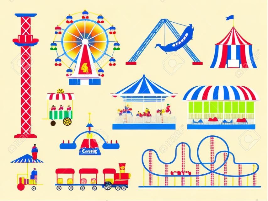 카니발 공원 어트랙션 타기, 기차, 롤러코스터, 말 회전목마. 놀이 박람회, 텐트, 자동차 및 그네. 만화 축제 벡터 세트
