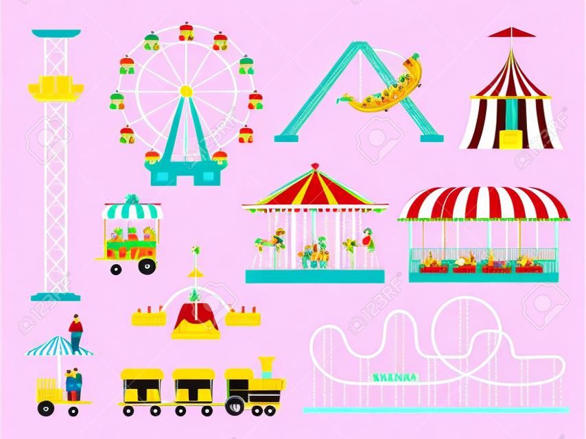 カーニバルパークのアトラクションライド、電車、ジェットコースター、馬のカルーセル。アミューズメントフェア、テント、車、ブランコ。漫画祭ベクトルセット