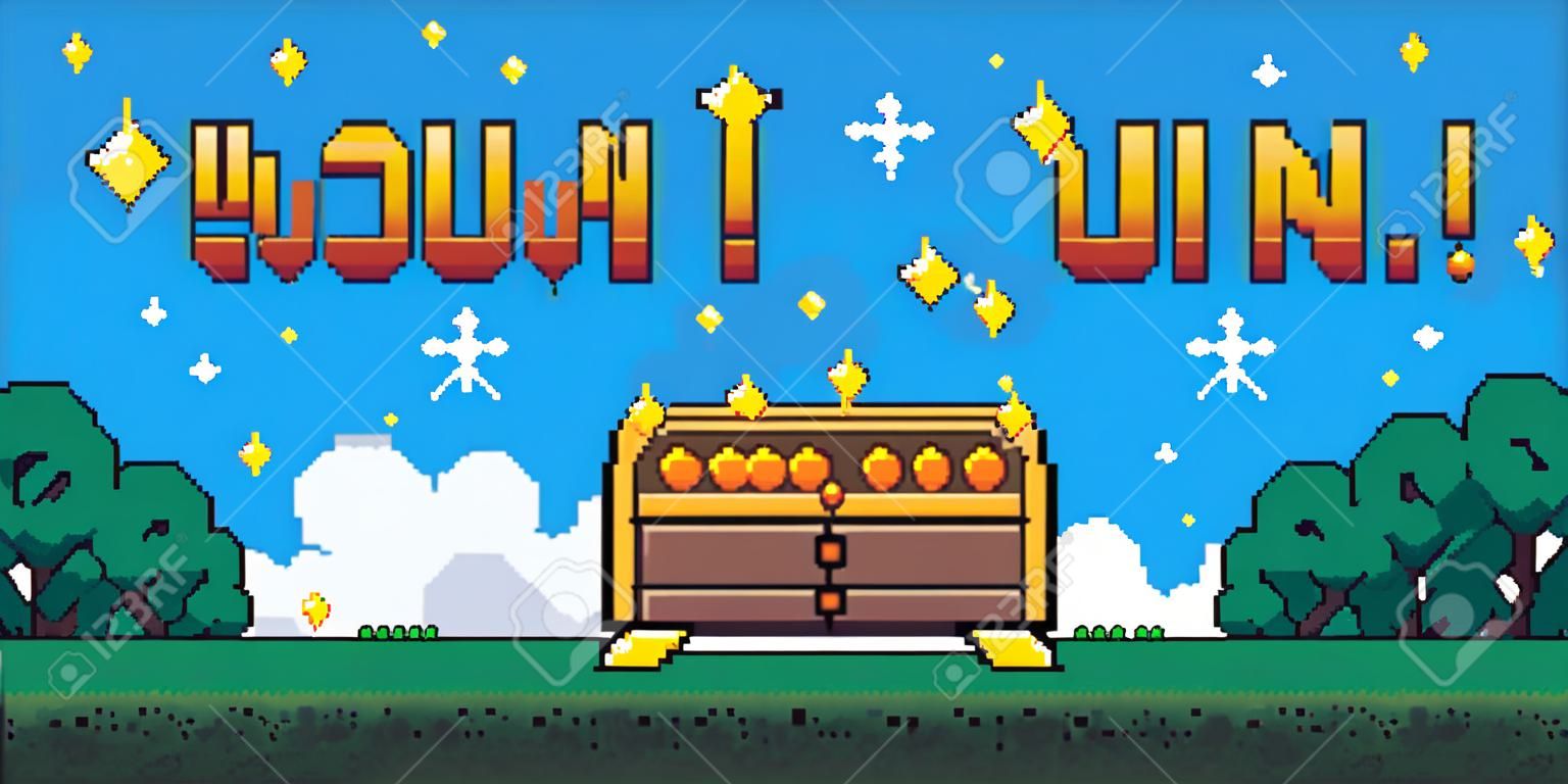 Ekran wygranej w grze Pixel. retro 8-bitowy interfejs gry wideo z wygranym tekstem, poziom tła gry komputerowej. ilustracja wektorowa pikseli