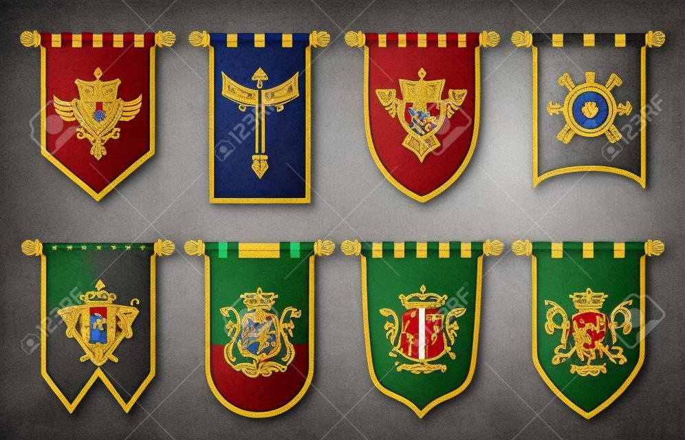 Mittelalterliches königliches Banner, klassische viktorianische Flaggen mit altem Ritterwimpel, heraldischem Emblem, Cartoon, königlicher Fahnenmast für UI-Spiel-App-Design-Vektorset