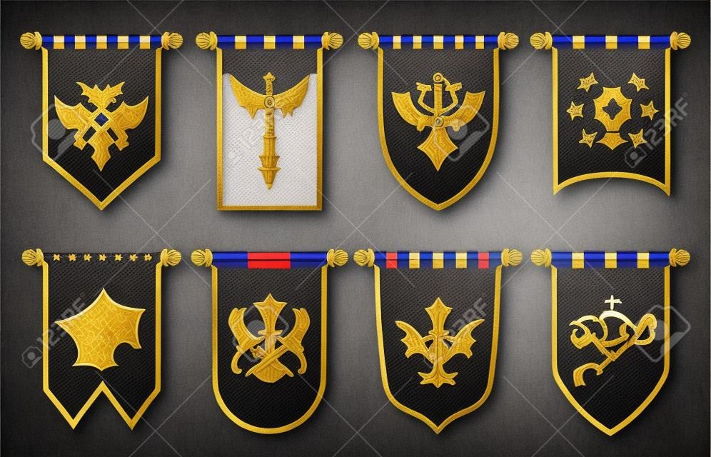 Mittelalterliches königliches Banner, klassische viktorianische Flaggen mit altem Ritterwimpel, heraldischem Emblem, Cartoon, königlicher Fahnenmast für UI-Spiel-App-Design-Vektorset