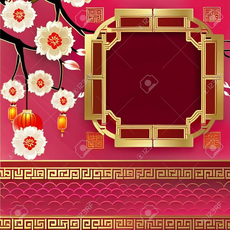 Chinese frame with oriental Asian elements on color background, for wedding invitation card, happy new year, happy birthday, valentine day, greeting cards, poster or web banner