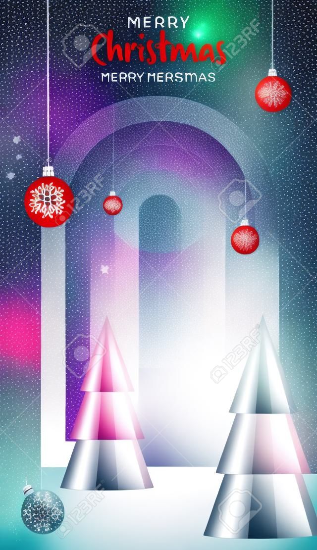 초대 카드, 메리 크리스마스, 새해 복 많이 받으세요, 인사말 카드, 포스터 또는 웹 배너의 색상 배경에 크리스마스 공 및 눈송이 개념이 포함된 메리 크리스마스 축제 패턴