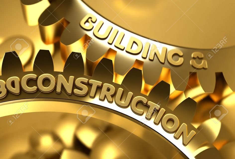 Costruire e costruire su ruote dentate metalliche dorate. Costruzione e costruzione - concetto. Rendering 3D.