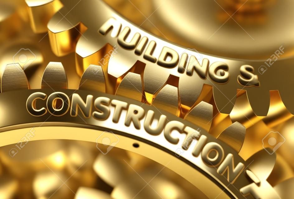 Gebäude und Constructi auf goldenen metallischen Zahnrädern. Gebäude und Bau - Konzept. 3D-Rendering.