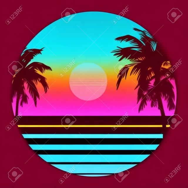 Retro 80s Style Tropische Zonsondergang met Palm Tree Silhouette en Geleidelijke Sky Achtergrond. Klassieke 80s Retro Design. Digitale Retro Landschap Cyber Oppervlakte. 80s Party Achtergrond. Trendy Vector Illustratie