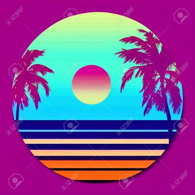 Retro 80s Style Tropische Zonsondergang met Palm Tree Silhouette en Geleidelijke Sky Achtergrond. Klassieke 80s Retro Design. Digitale Retro Landschap Cyber Oppervlakte. 80s Party Achtergrond. Trendy Vector Illustratie