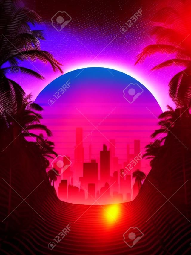 80s Futuristic Retro Future. Retro Futuristic Achtergrond 1980 Stijl met Palm Tree Silhouette. Weg naar de stad bij Sunset 1980 Stijl. Digital Retro Cityscape Fashion Sci-Fi Zomer Landschap.