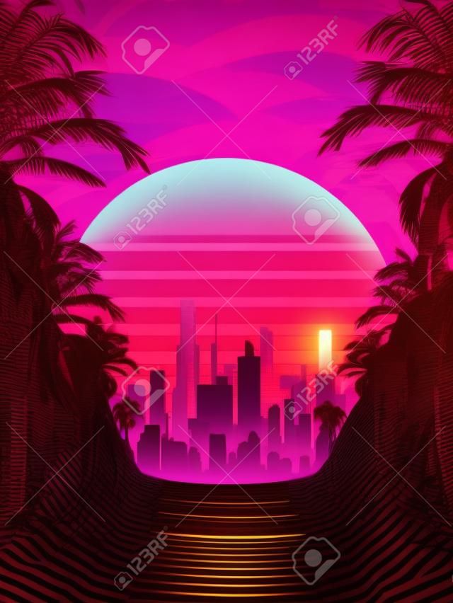 80s Futuristic Retro Future. Retro Futuristic Achtergrond 1980 Stijl met Palm Tree Silhouette. Weg naar de stad bij Sunset 1980 Stijl. Digital Retro Cityscape Fashion Sci-Fi Zomer Landschap.