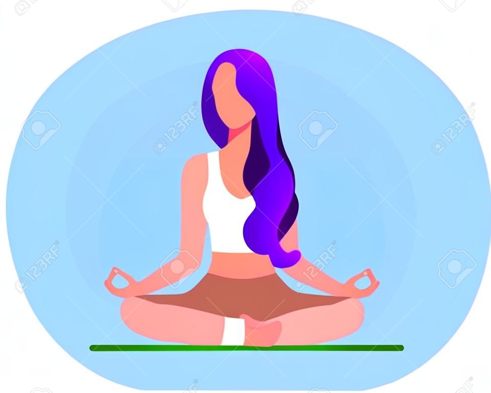 Woman with purple hair meditating on blue background. Concept illustration for yoga, meditation, relax, recreation, healthy lifestyle.