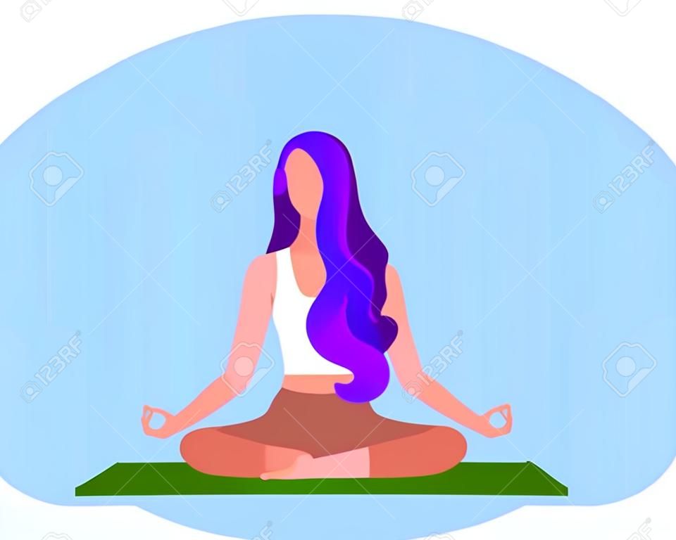 Woman with purple hair meditating on blue background. Concept illustration for yoga, meditation, relax, recreation, healthy lifestyle.