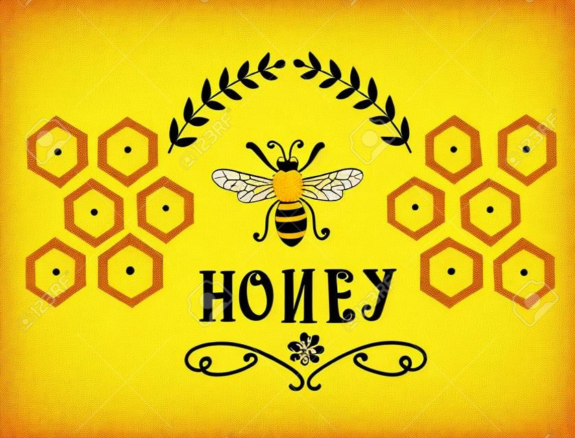 Etichetta miele con api e le cellule - disegno divertente retrò