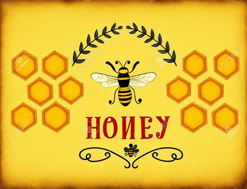 Honey label with bee and cells - funny retro design