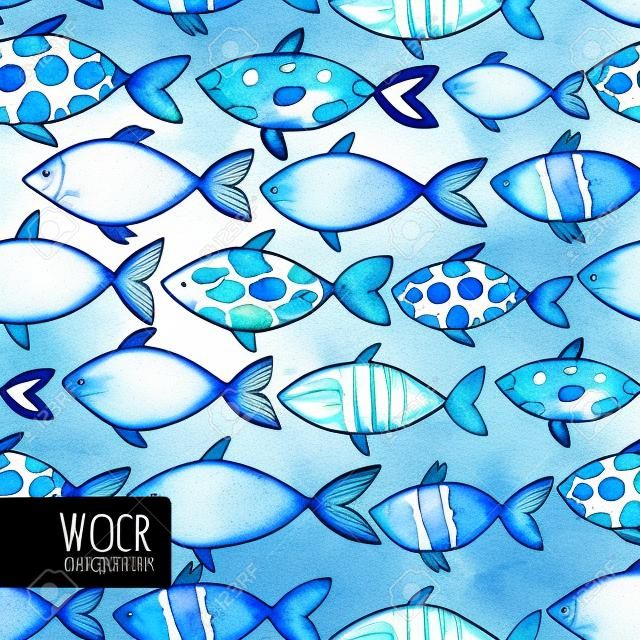 Light watercolor blue fishes on the black background. Seamlessly tiling fish pattern. Vector.