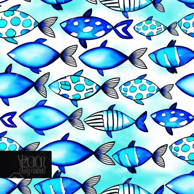 검은 색 바탕에 빛 수채화 푸른 물고기. 원활 물고기 패턴을 바둑판 식 배열. 벡터.
