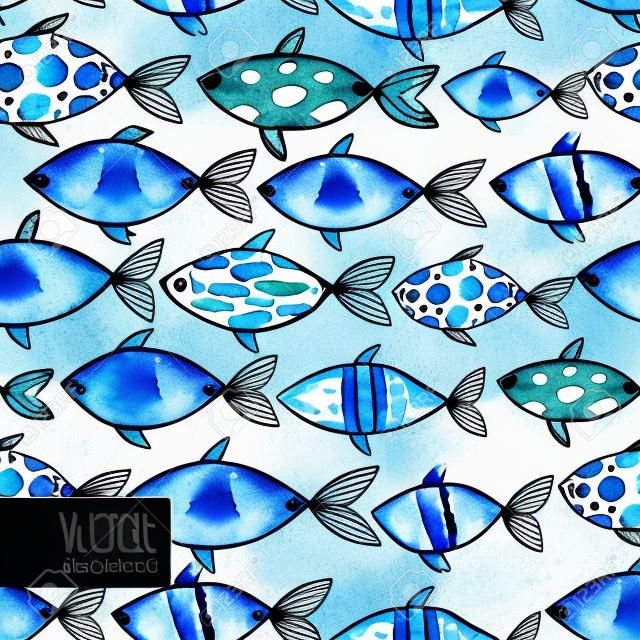 Lichte aquarelblauwe vissen op de zwarte achtergrond. Naadloos betegelen vis patroon. Vector.