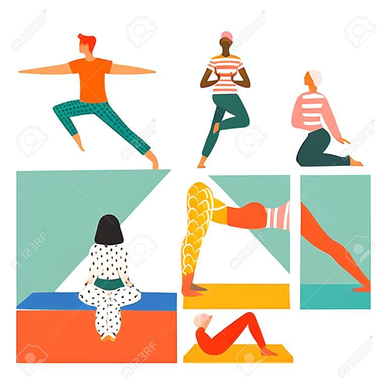 Le persone che fanno yoga e la meditazione del manifesto. Yoga illustrazione classe vettoriale. Yoga pone. Uno stile di vita sano. Gruppo di persone che fanno allenamento di yoga in studio di yoga. Piatto tagliato stile illustrazione.