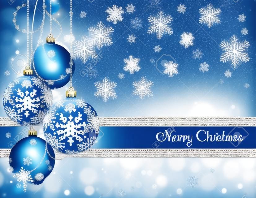 Синяя рождественская открытка с шарами и снежинками