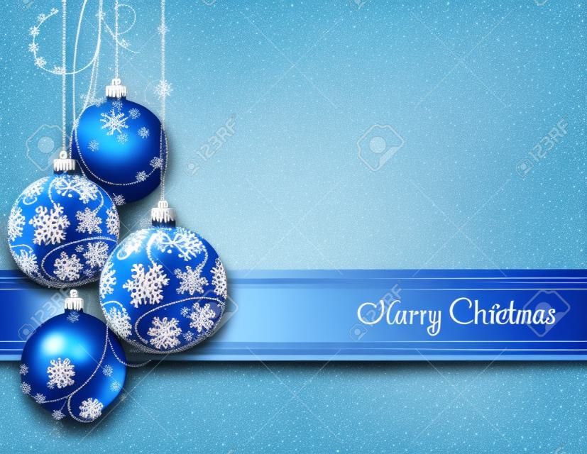 Синяя рождественская открытка с шарами и снежинками