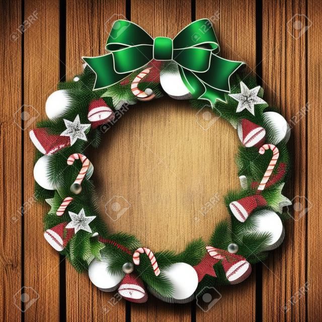 Christmas wreath on wooden door   illustration