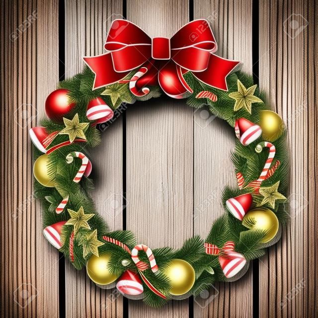 Christmas wreath on wooden door   illustration